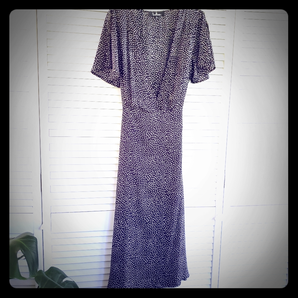 Lulu's polka dot flutter sleeve midi wrap dress